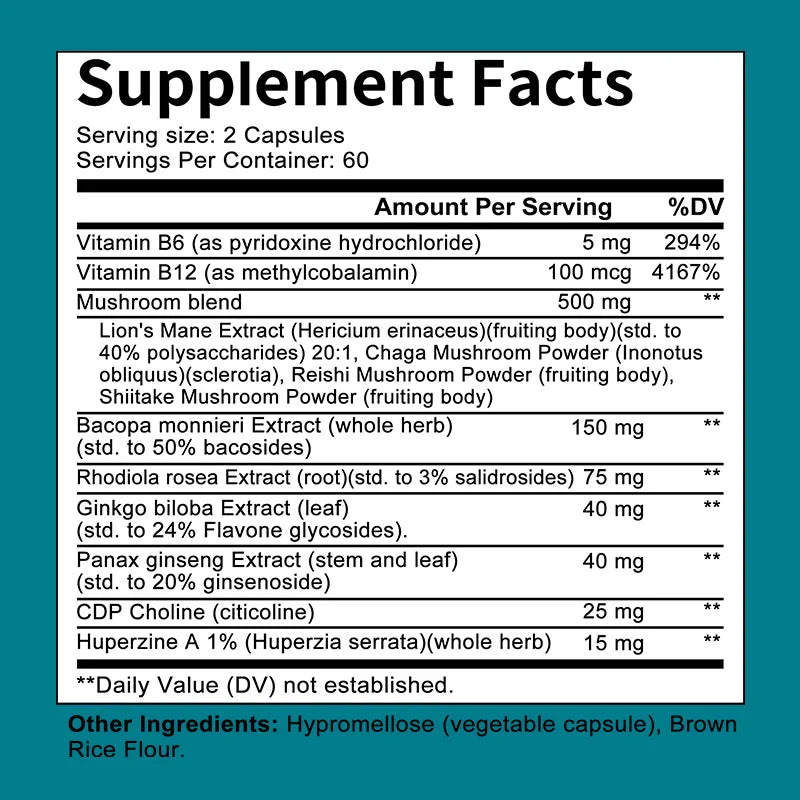 Lion's Mane Extract, Contains B Vitamins, Supports Brain Cognitive Skills, Improves Mood, Balances Blood Sugar, Antioxidants