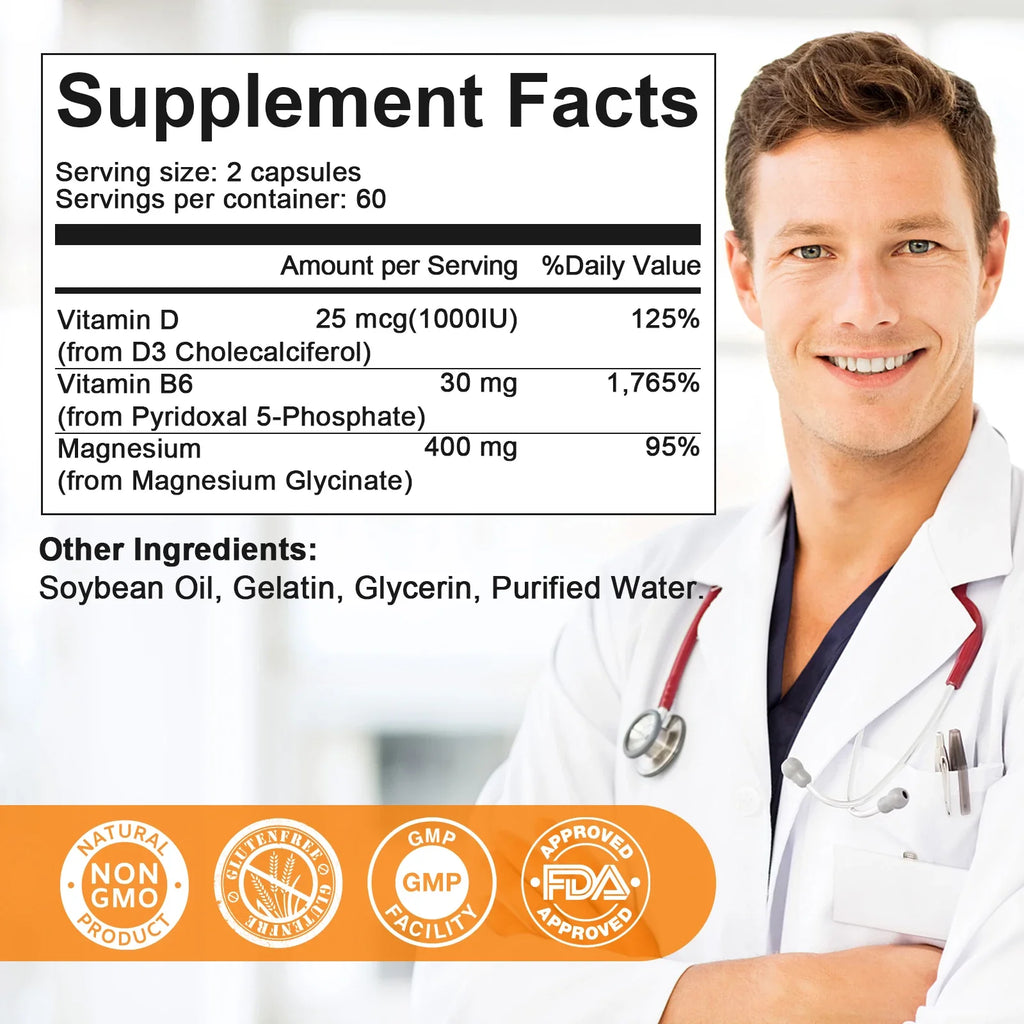 Magnesium Glycinate Supplement 400mg Magnesium with Vitamin D3 & B6 Supports Bone, Memory, Calm, Mood & improve Sleep, 120pcs