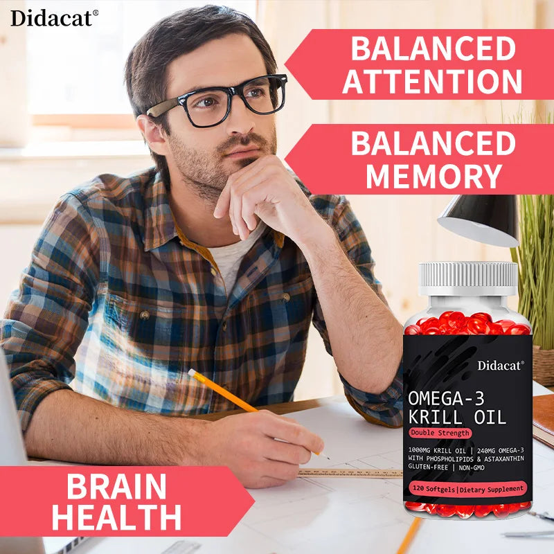Didacat Omega-3 Krill Oil, Double Strength 1000mg 120 Softgels, Supports Brain Health, Memory, Cognition, Heart and Joint Health