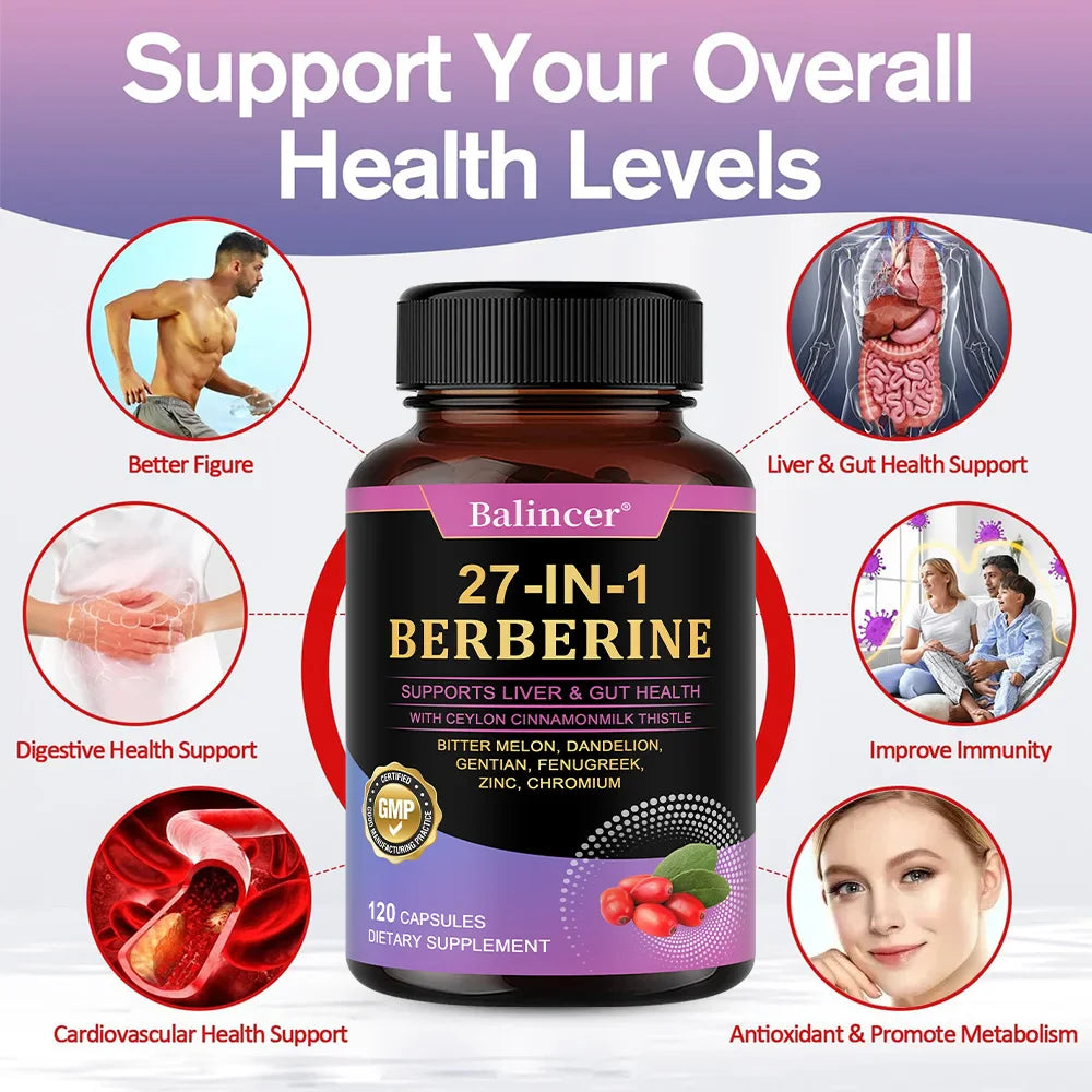 27-IN-1 Berberine 120 Capsules - Contains Ceylon Cinnamon,Milk Thistle - Supports Heart Health, Immune System, Liver & Gut Health