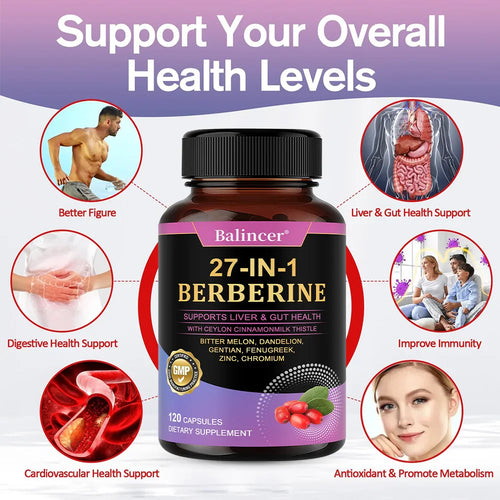 27-IN-1 Berberine 120 Capsules - Contains Ceylon Cinnamon,Milk Thistle - Supports Heart Health, Immune System, Liver & Gut Health