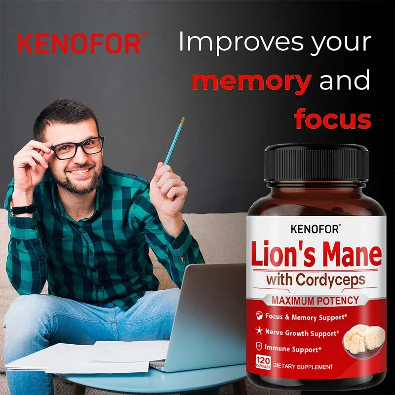 Lion's Mane Cordyceps Extract Cognitive Capsules, enhance memory, improve mental concentration, support immune system balance