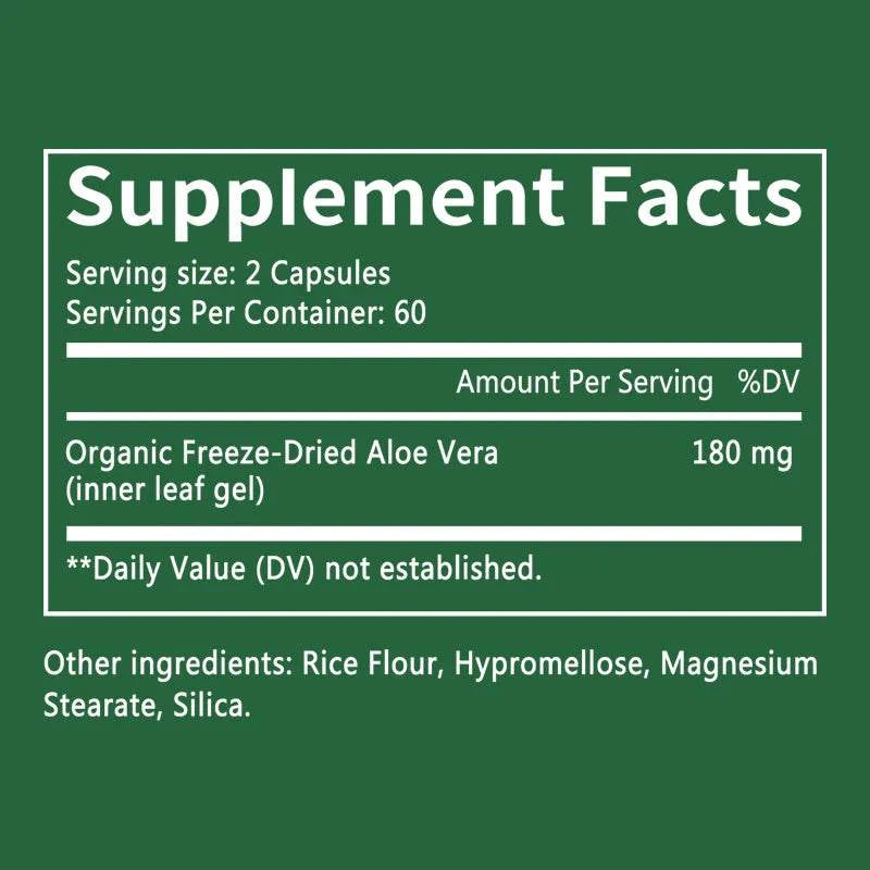 Aloe Bioactive Organic Leaf Supplement - Organic Freeze Dried Aloe 180 mg, Detox Cleanse, Gut Health, 120 Capsules
