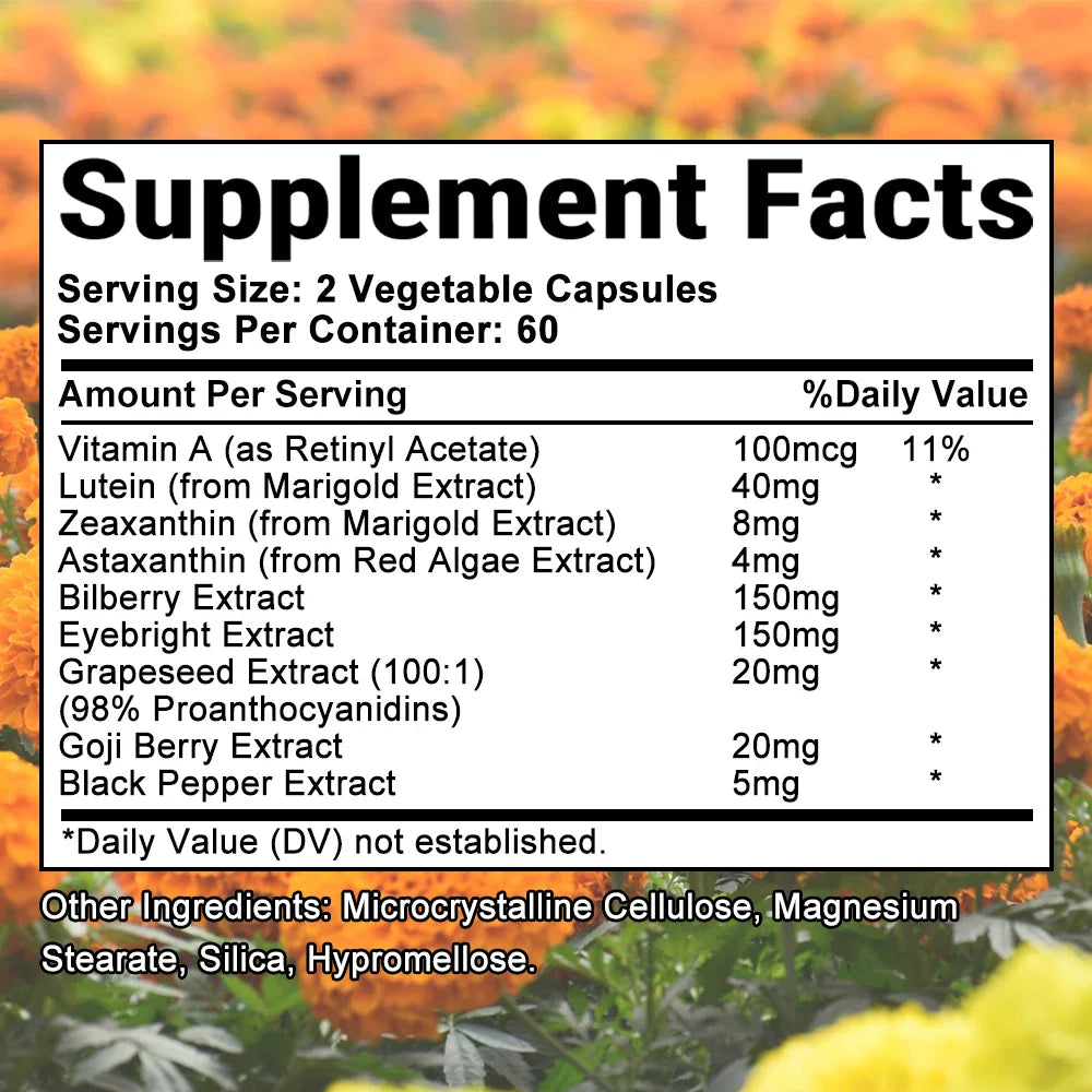 Lutein Eye + Vitamins - 9 in 1 Zeaxanthin Eyebright Bilberry Supplement Retina Eye Lens Healthy Night Vision