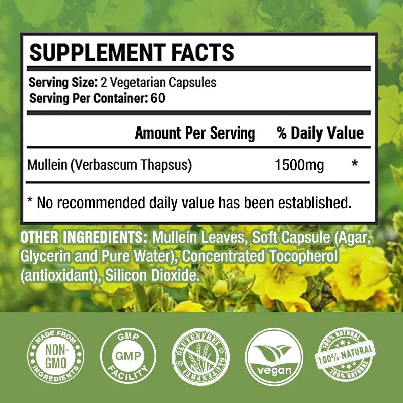 Natural Mullein Leaf Capsules Herbal Supplement for Lung Cleanse, Supports Healthy Respiratory Function, 120 Capsules