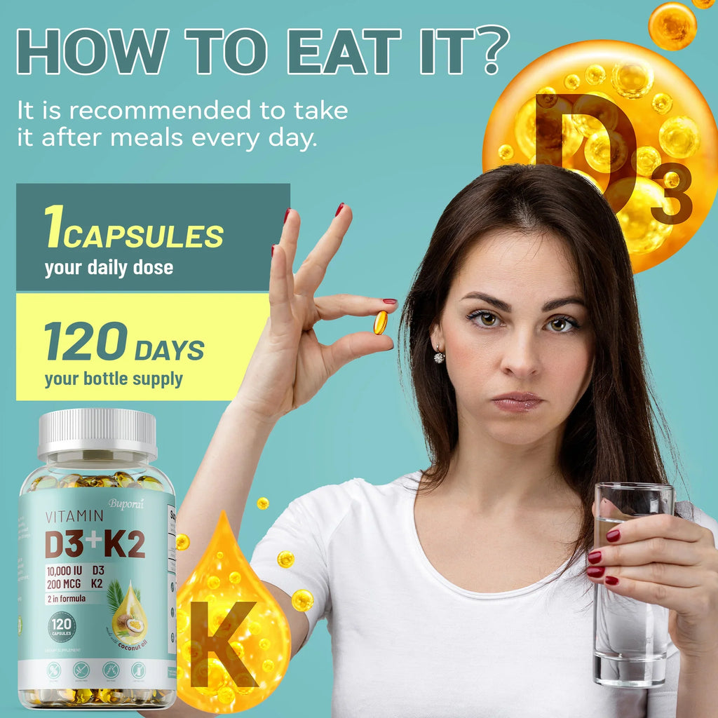 VITAMIN D3&K2 - Natural Ingredient Calcium, Bone, Teeth, Joint & Skin, Immune Support Supplement - 120 Capsules