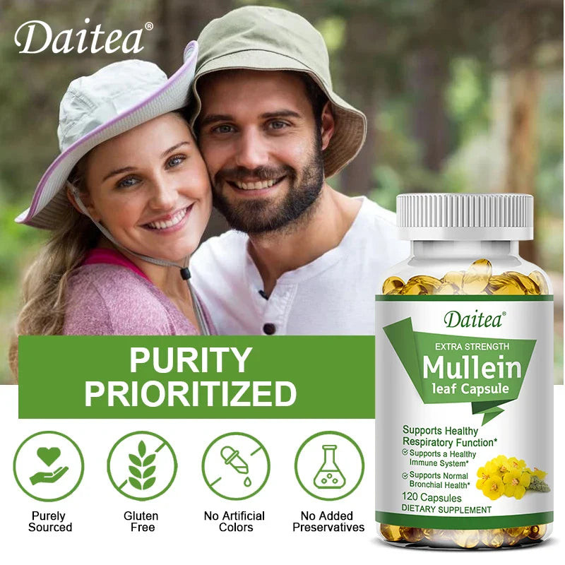 Natural Mullein Leaf Capsules Herbal Supplement for Lung Cleanse, Supports Healthy Respiratory Function, 120 Capsules