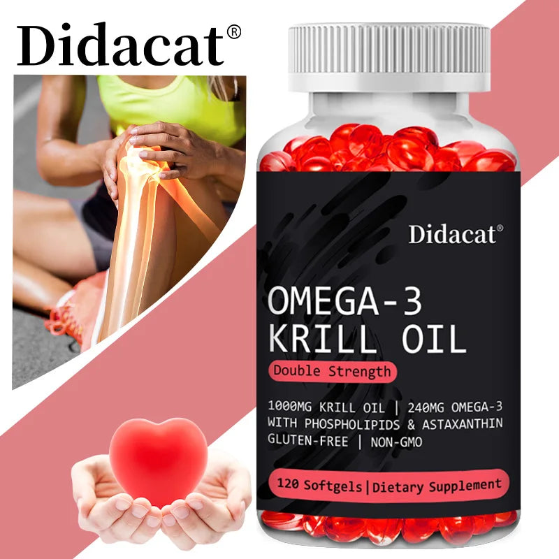 Didacat Omega-3 Krill Oil, Double Strength 1000mg 120 Softgels, Supports Brain Health, Memory, Cognition, Heart and Joint Health