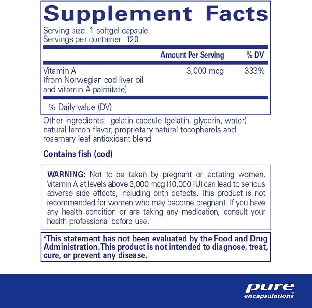 Vitamin a - 3,000 Mcg - from Cod Liver Oil - Immune & Vision Support* - Vitamin a Palmitate Supplement - Non-Gmo - 120 Softgel Capsules