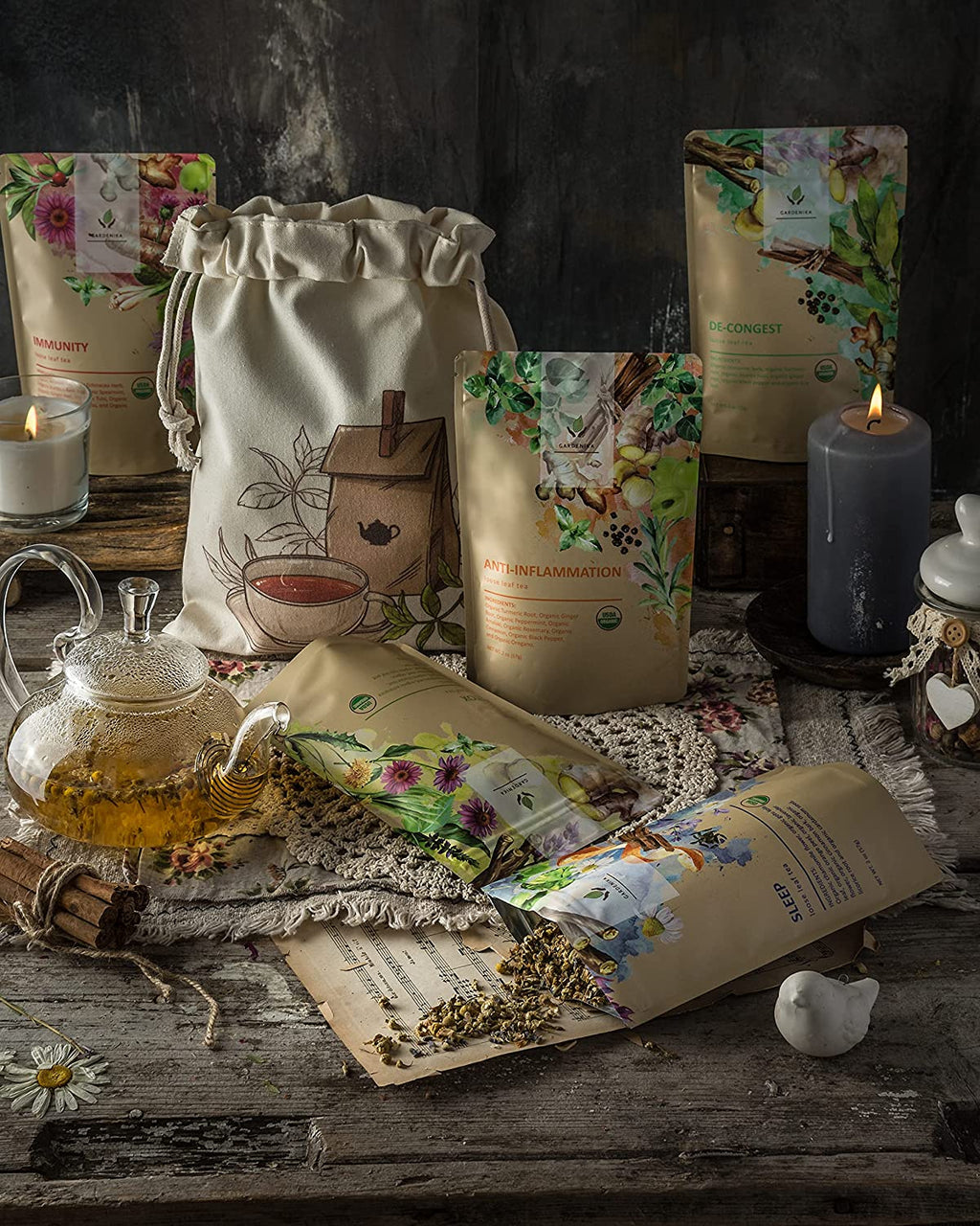 Herbal Tea Sampler, Organic Loose Leaf Herbal Gift Set, 5 Pack