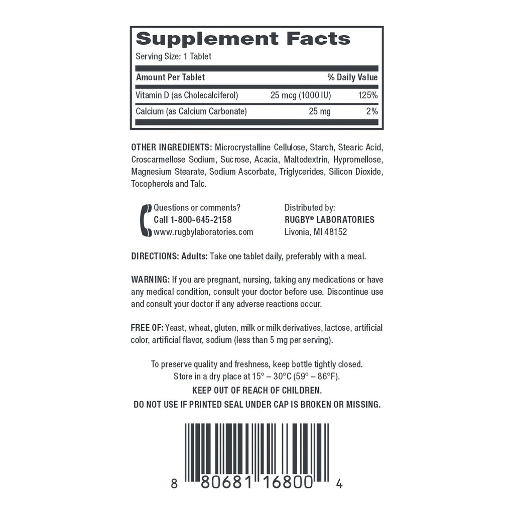 Rugby Vitamin D3 Dietary Supplement, 25 mcg