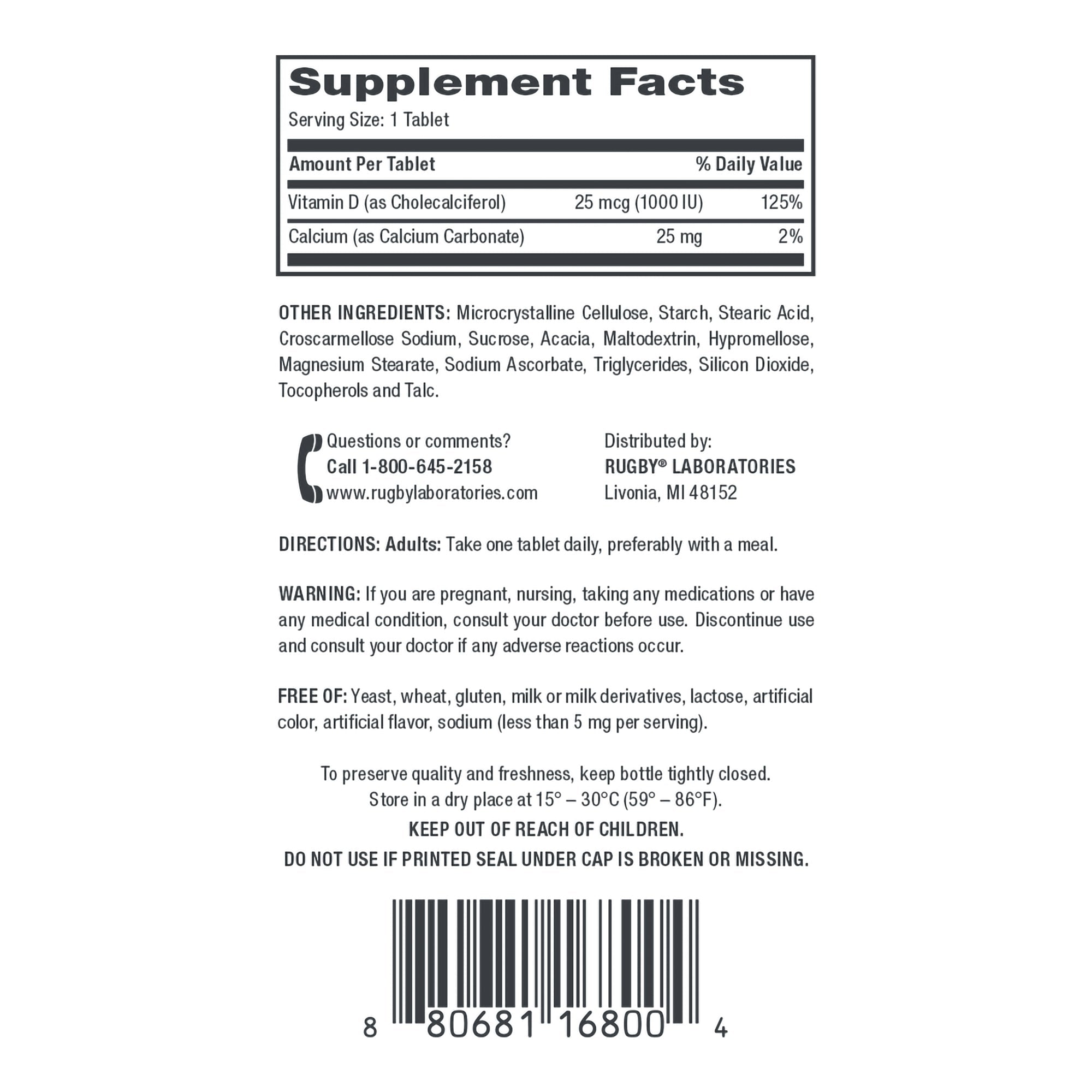 Rugby Vitamin D3 Dietary Supplement, 25 mcg
