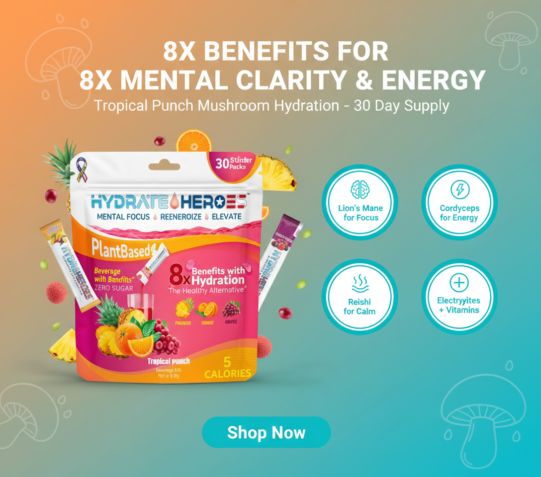 Tropical Paradise 24 Mushroom Infused Clean Hydration Powder Sticks | Energy & Focus